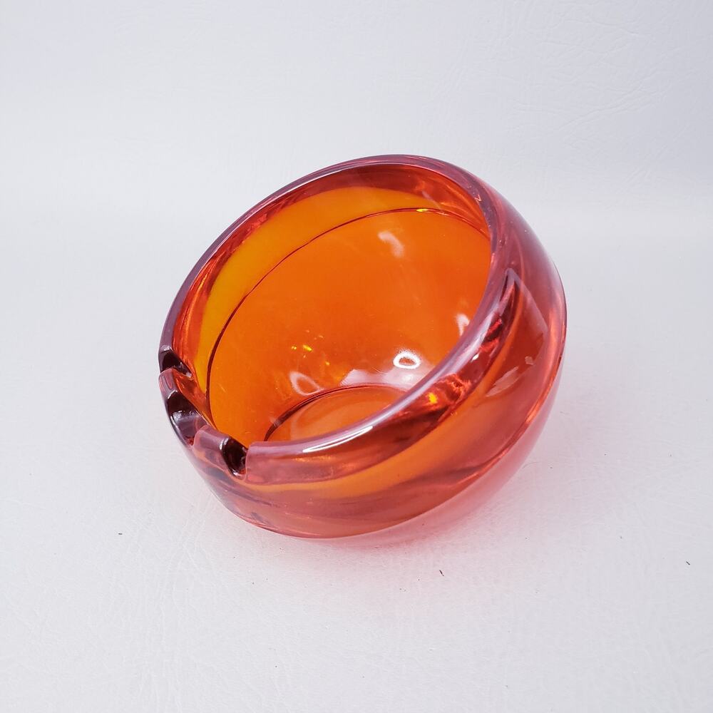 Vintage Viking Glass Orb Ashtray Orange Persimmon 3 Slot Heavy MCM